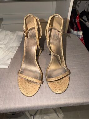 Stuart weitzman Women's Tan Snake-Texture Ankle Strap Heels